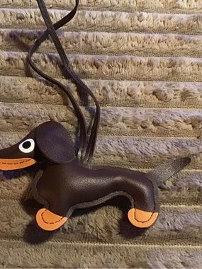 Dachshund Leather Charm Pendant - Dark Brown with Orange Accents